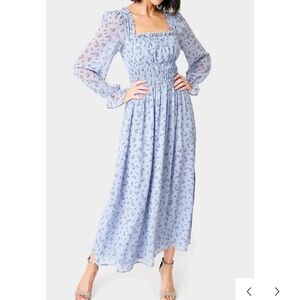 Long sleeve squared neck shirred maxi dress